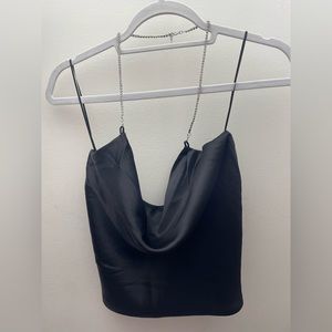 Black cowl neck top with rhinestone strap